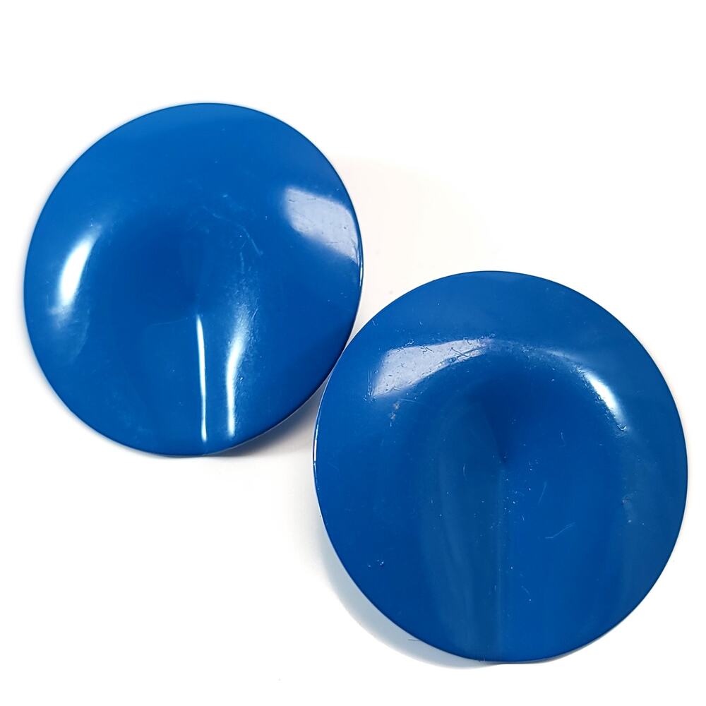 Vintage Bold Blue Metal Disc Earrings with Glossy Finish, Large Statement